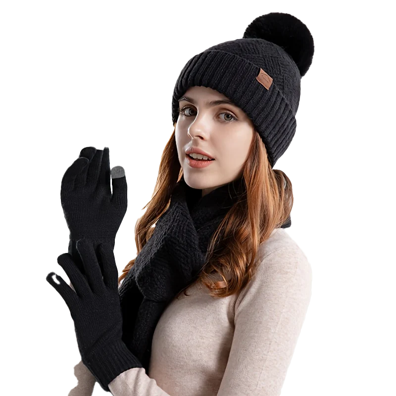 Snuggle Trio Set – Pom Pom Beanie, Scarf, & Gloves