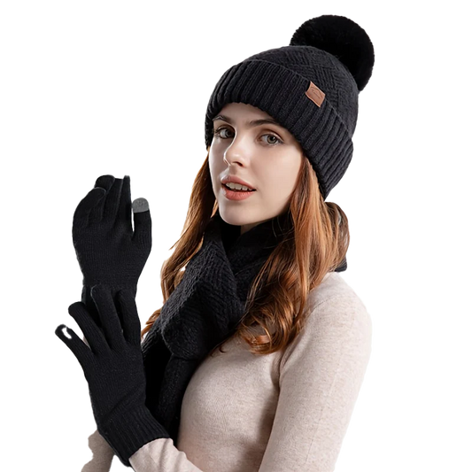 Snuggle Trio Set – Pom Pom Beanie, Scarf, & Gloves