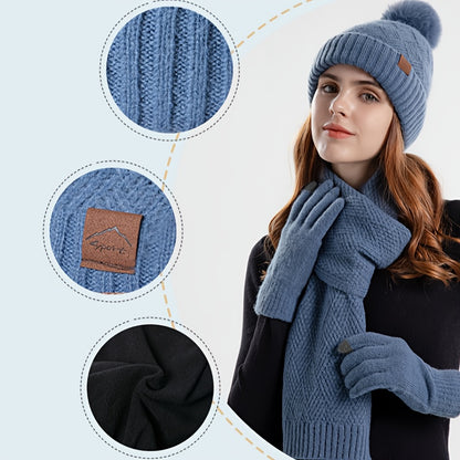 Snuggle Trio Set – Pom Pom Beanie, Scarf, & Gloves